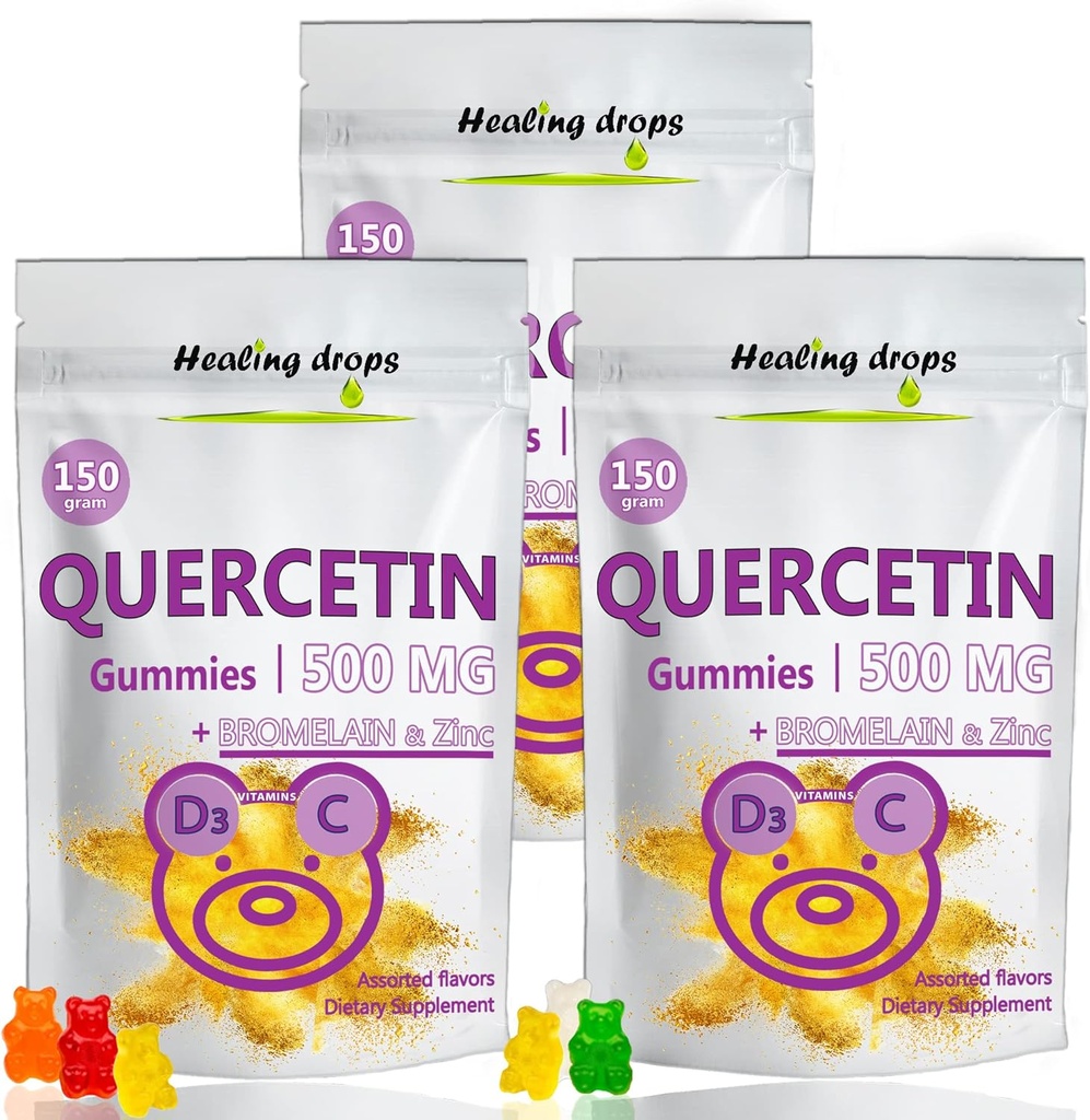 Quercetin with Bromelain Gummies - Vitamin C + Zinc + Vitamin D3 - Quercetin 500mg Gummies for Kids and Adults (3 Packs)