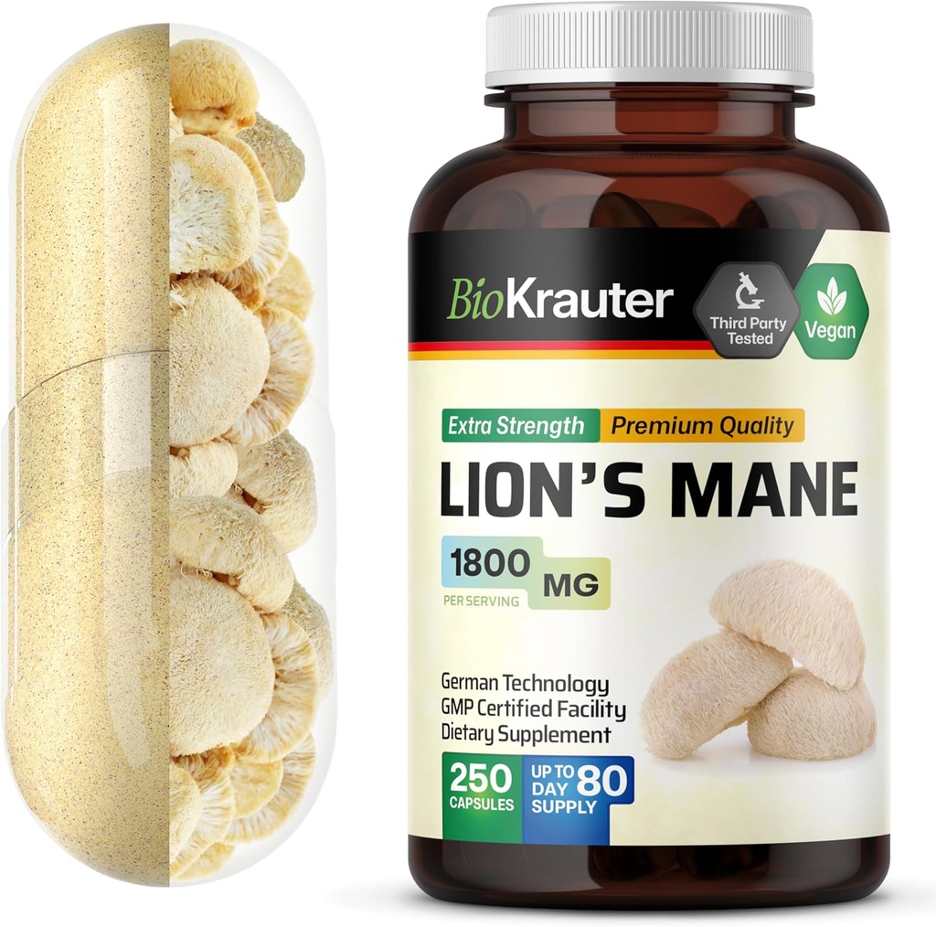 BIO KRAUTER Lions La Mane Supplément Capsules 1800 mg - 250 Compte - Vegan Lions La Mane Supplément en poudre pour le soutien du cerveau - 3 mois d'approvisionnement - Pas de remplissage