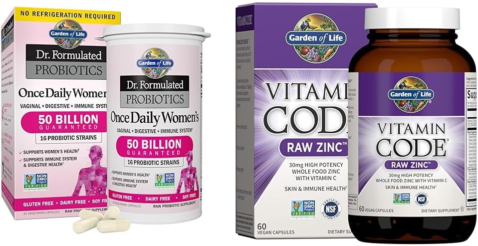 Jardin de vie et suppléments de zinc 30mg Zinc brut à haute puissance et supplément multiminéral de vitamine C, code vitaminique/traces minéraux et probiotiques pour la santé de la peau et le soutien immunitaire, 60 capsules végétaliennes