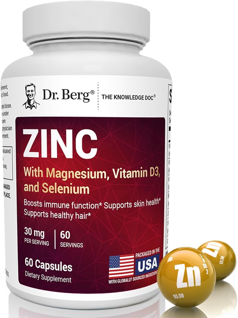 Dr Berg Zinc 30mg Enhanced with Magnésium, Vitamine D3, Sélénium, & Cuivre - Suppléments de zinc pour les hommes et les femmes - Zinc chélaté pour le soutien immunitaire, la peau, les cheveux et les ongles* - 60 Capsules