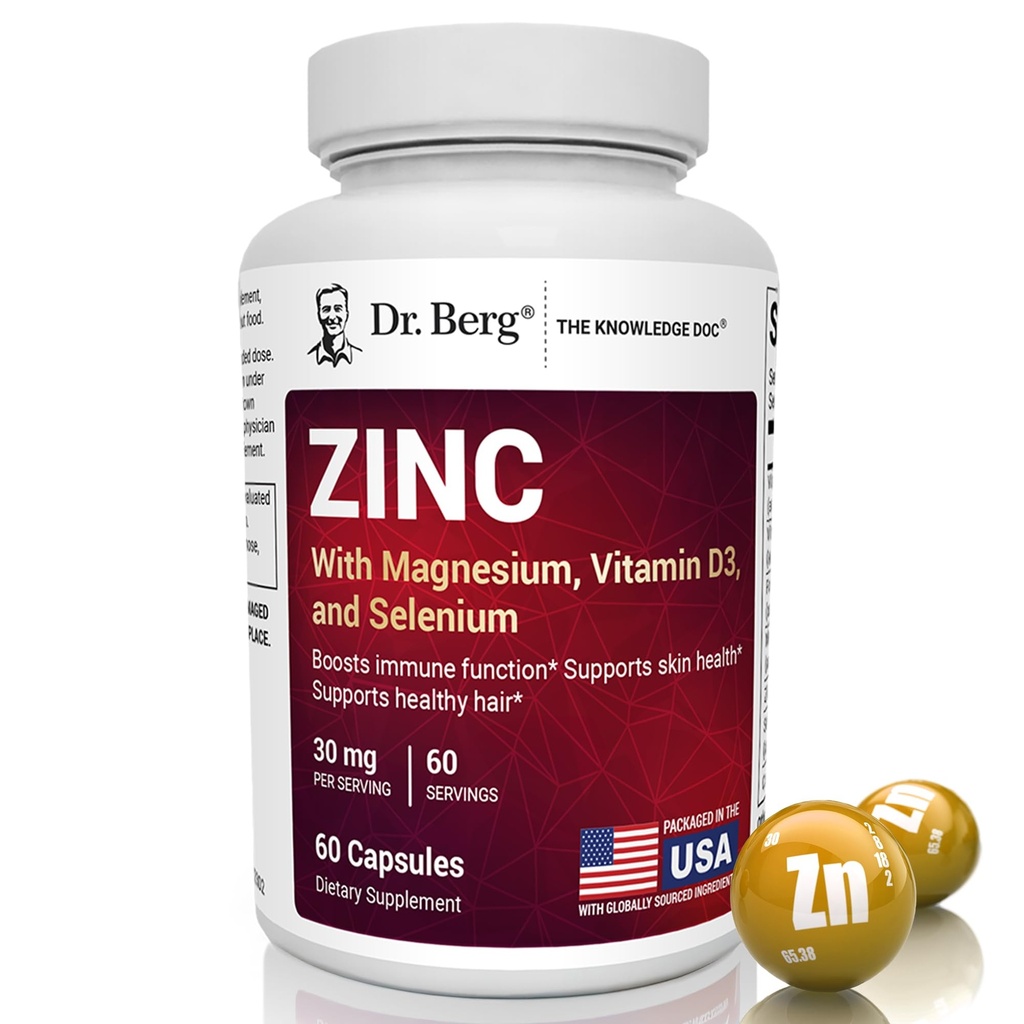 Dr Berg Zinc 30mg Enhanced with Magnésium, Vitamine D3, Sélénium, & Cuivre - Suppléments de zinc pour les hommes et les femmes - Zinc chélaté pour le soutien immunitaire, la peau, les cheveux et les ongles* - 60 Capsules
