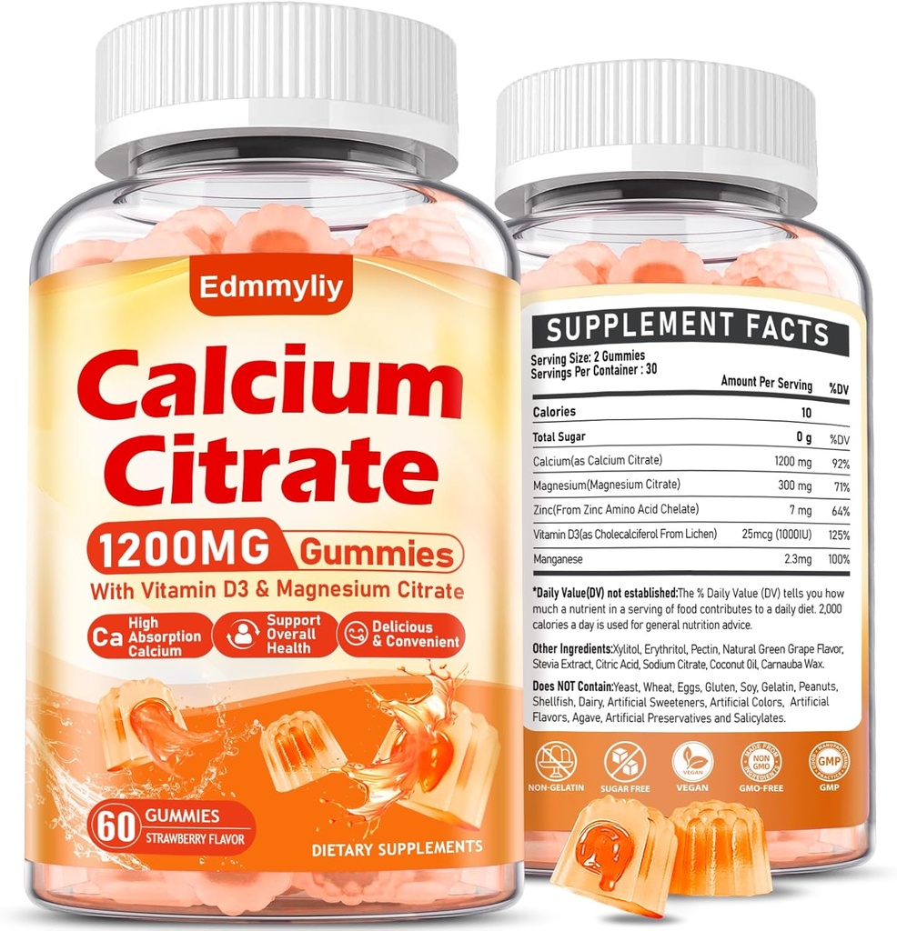 Supplément de Citrate de Calcium Gommies pour Adulte - Citrate de Calcium sans sucre 1200 Mg avec Magnésium 300 Mg & Vitamine D3 - Suppléments de Calcium bio à croquer pour Femmes & Hommes