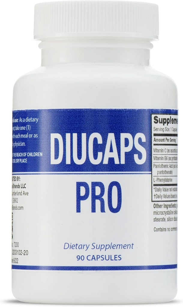DIUCAPS PRO 90 Capsules - Vitamines et acides aminés. C, B5, B6, L Phénylalanine. Fabriqué par Legere Pharmaceuticals pour ES Global Brands.