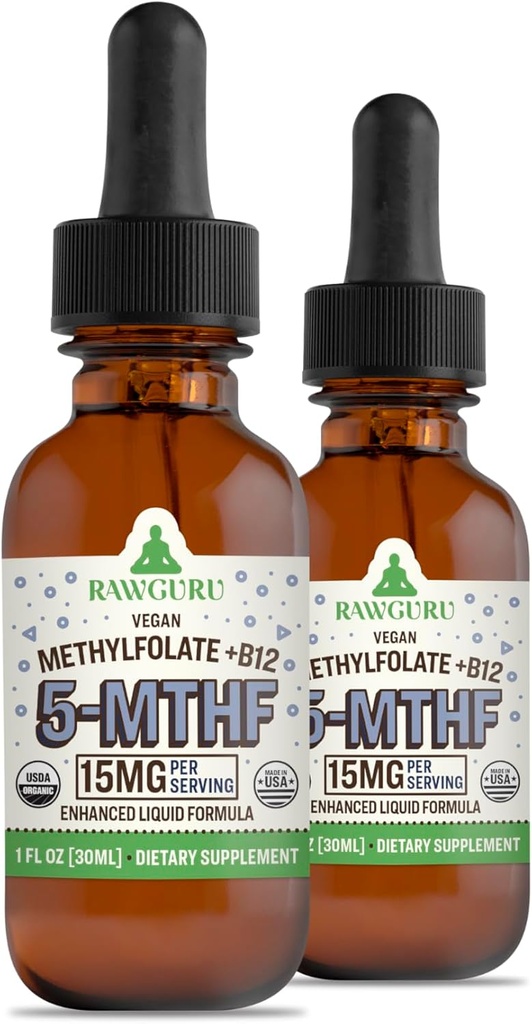 RawGuru L-méthylfolate 15 mg + Vitamine B12 - Organic Vegan Méthylated B12 with Trace Minerals - Nano-Processed & Enhanced Liquid Formula - 300 portions de légumes gouttes par 30 ml, boîte de 2