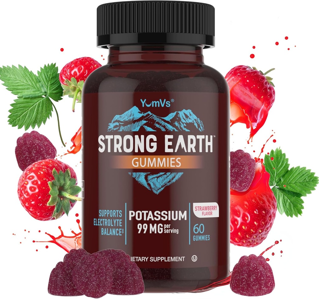 Supplément de potassium YumVs Gummies - Flaveur de fraise - 99 mg (sous forme de citrate de potassium) par portion - Soutiens Électrolyte Balance - Végétarien Kosher Halal Gummes de potassium pur sans gluten (60 Nombre)