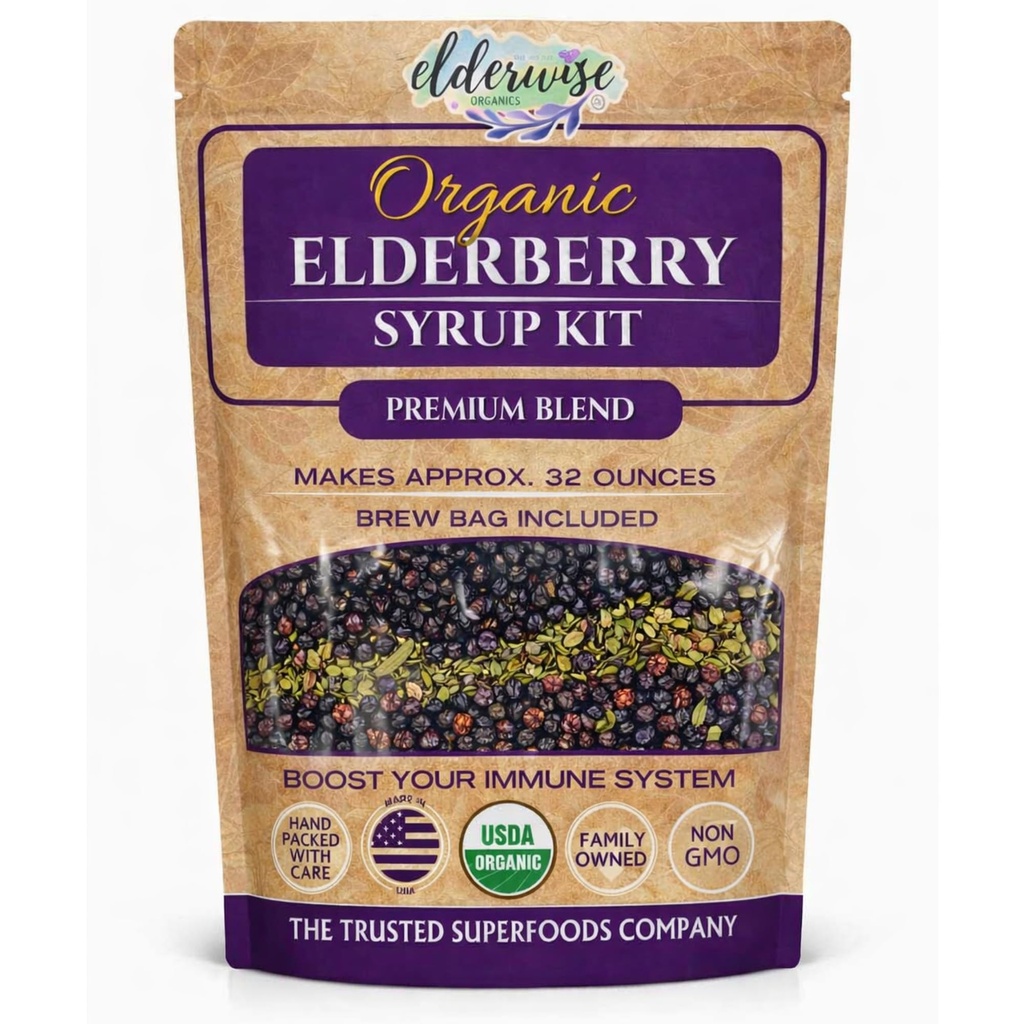 Elderwise DIY Organic Elderberry Syrup Kit for Immune Support, Makes 32 oz, Easy Pre-Measured Elderberry Syrup Kit With Rosehips, Ginger, Echinacea, Warm Spices, Brew Bag included for At-Home Preparation