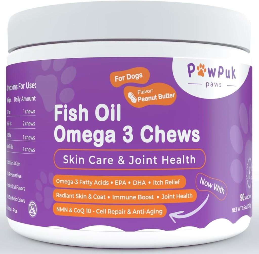 Oil de poisson Omega 3 Chews pour chiens - EPA & DHA pour la santé de la peau et du manteau Plus Santé globale, Démangeaisons, Joint & Mobility Support, CoQ10 & NMN - Supplément anti-âge naturel pour chiens