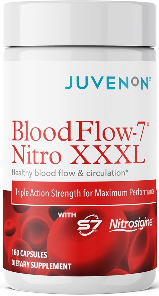 Juvenon BloodFlow-7 Supplément à oxyde nitrique avec la nitrosigine - Formule améliorée pour l'absorption maximale - Booster de circulation, pression artérielle, soutien du cholestérol (180 Compte (paquet de 1))