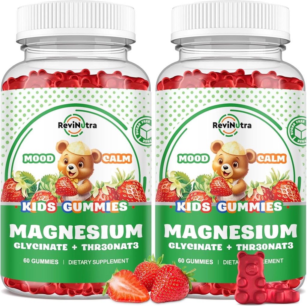 Gommies complexes de magnésium- Gommies à croquer calmes pour les enfants et les adultes- Supplément de glycinate de magnésium-w/Omega-3, vitamine B6, D3- Soutenir le soulagement du stress calme, les os, l'humeur, 2 paquets