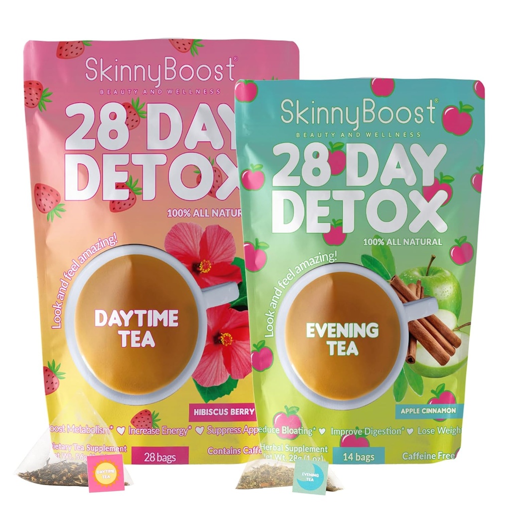 SkinnyBoost 28 Day Detox Tea Kit-1 Daytime Hibiscus (28 Sacs) 1 Soirée Cinnamon de pomme(14 Sacs) Non OGM, végétalien, tous les thés naturels, verts et à base de plantes pour la désintoxication naturelle et nettoyer, réduire le bloom