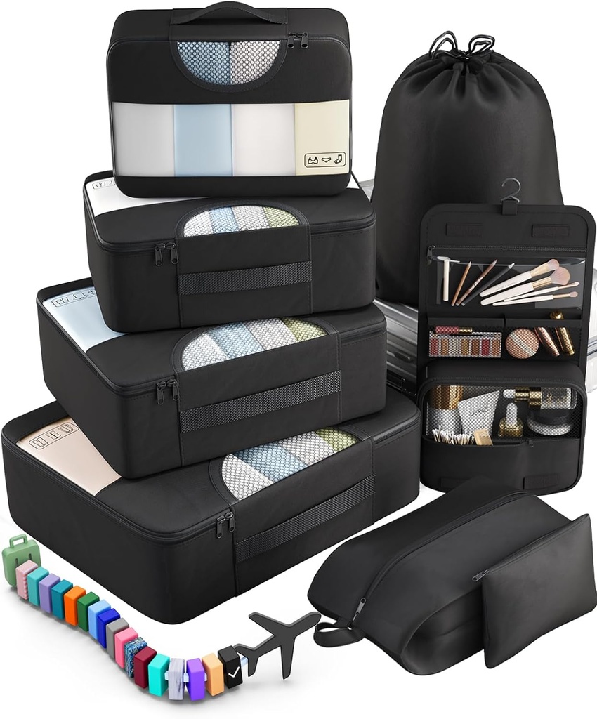 Veken 10 Set/8 Set Cubes d'emballage pour les essentiels de voyage, Sacs d'organisateur de valises en 4 tailles, Accessoires de bagage de transport avec grand sac de blanchisserie et de toilette, Doit-avoir pour avion, Voyage sur route et Camping