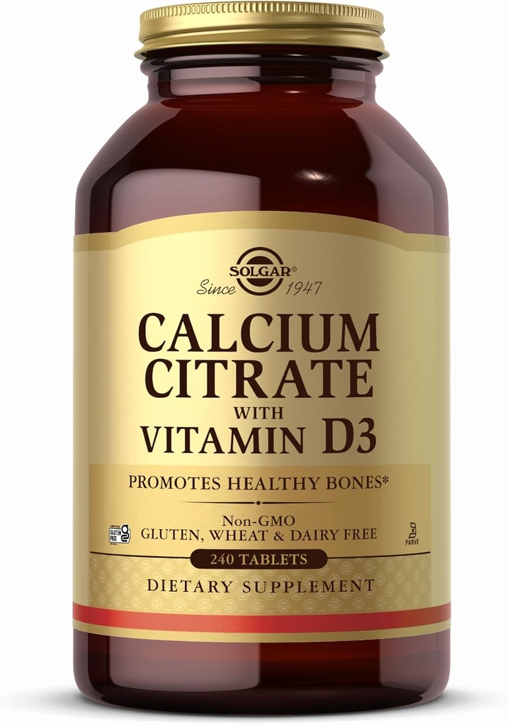 Citrate de calcium de Solgar avec comprimés de vitamine D3-240 - Non-OGM, sans gluten, casher - 60 portions