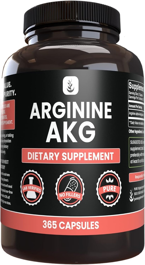 PURE ORIGINAL INGRÉDIENTS Arginine AAKG (365 Capsules) Pas de Magnésium ou de Rice Filters, Toujours Pure, Verified Lab