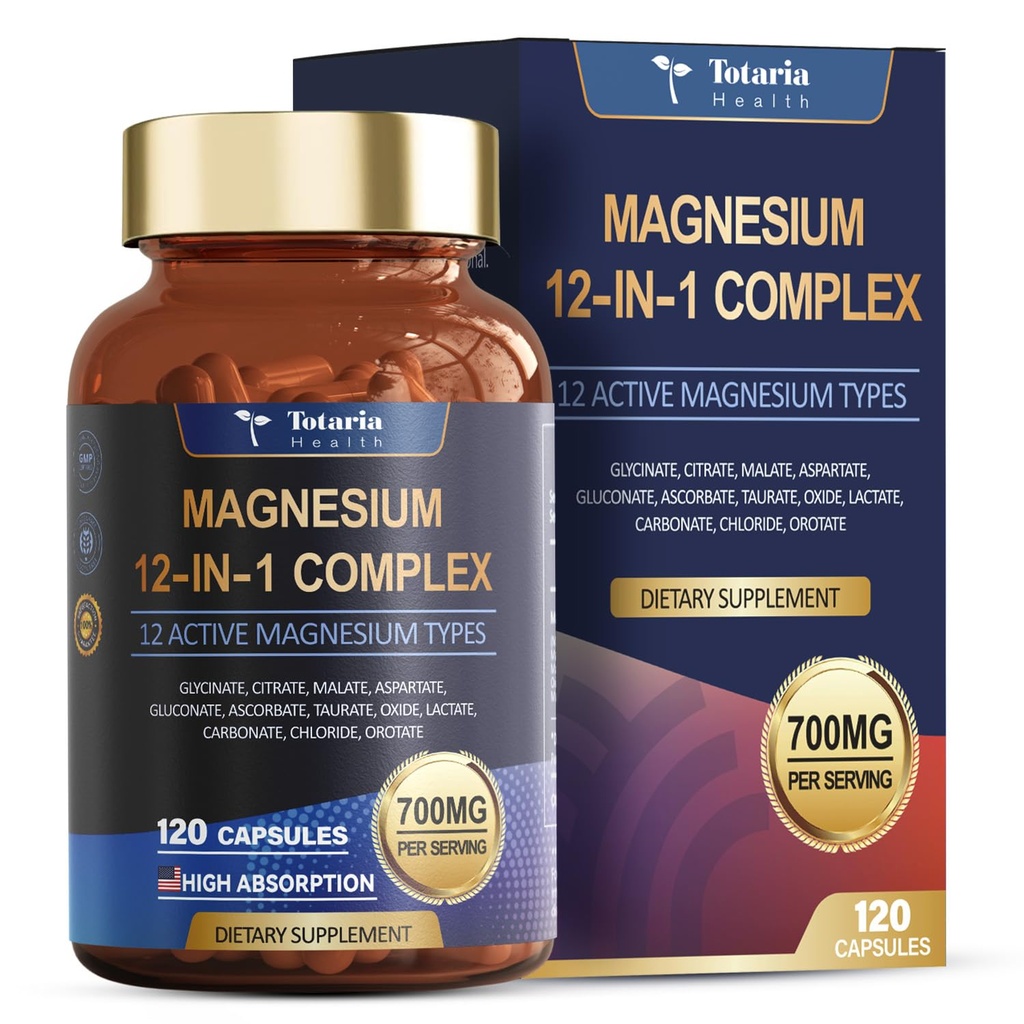 Totaria Magnésium Complex 700mg 12 en 1 Magnésium Supplément avec Glycinat Citrate Malate Oxyde Taurate Aspartate Orotate Magnésium Relaxation, Muscle,Heart Support, Vegan 120 Capsules