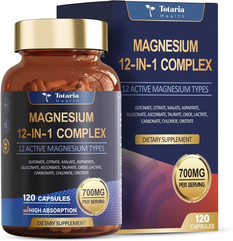 Totaria Magnesium Complex 700mg 12 in 1 Magnesium Supplement with Glycinate Citrate Malate Oxide Taurate Aspartate Orotate Magnesium Relaxation,Muscle,Heart Support, Vegan 120 Capsules