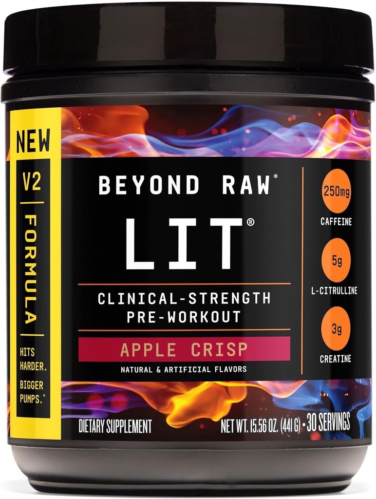 BEYOND RAW LIT V2 Clinical Strength Pre Workout Powder, Hits Harder, Pompes plus grandes, Caféine, L-Citrulline, Créatine, Apple Crisp, 30 portions