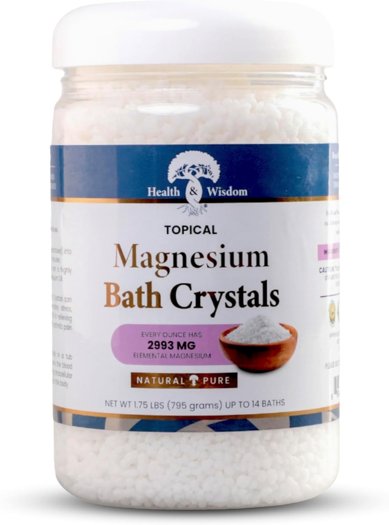 Santé et sagesse Cristaux de bain de magnésium - Sels de bain à forte concentration et absorption accrue pour les muscles et le soulagement articulaire - Mer Morte - Non parfumé - 1,75 lb - Jusqu'à 14 utilisations
