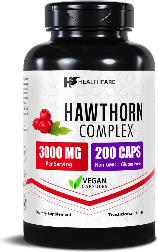 Healthfare Hawthorn Berry Supplement Extract 3000mg.Formule d'herbe extra-résistante de 200 capsules végétaliennes soutient la santé cardiaque et circulatoire.