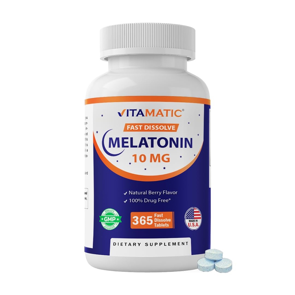 Mélatonine Vitamatique 10 mg Comprimés à dissolution rapide – Supplément de soutien du sommeil à dissolution rapide pour adultes – Végétariens, non-OGM et sans gluten – Saveur de baie naturelle – 365 comprimés