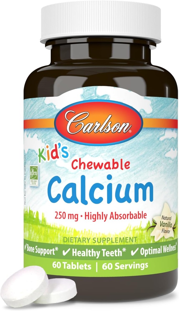 Carlson - Kid's Chewable Calcium, 250 mg, Très Absorbable, Bone & Dents Support, Bien-être optimal, Vanille naturelle, 60 comprimés