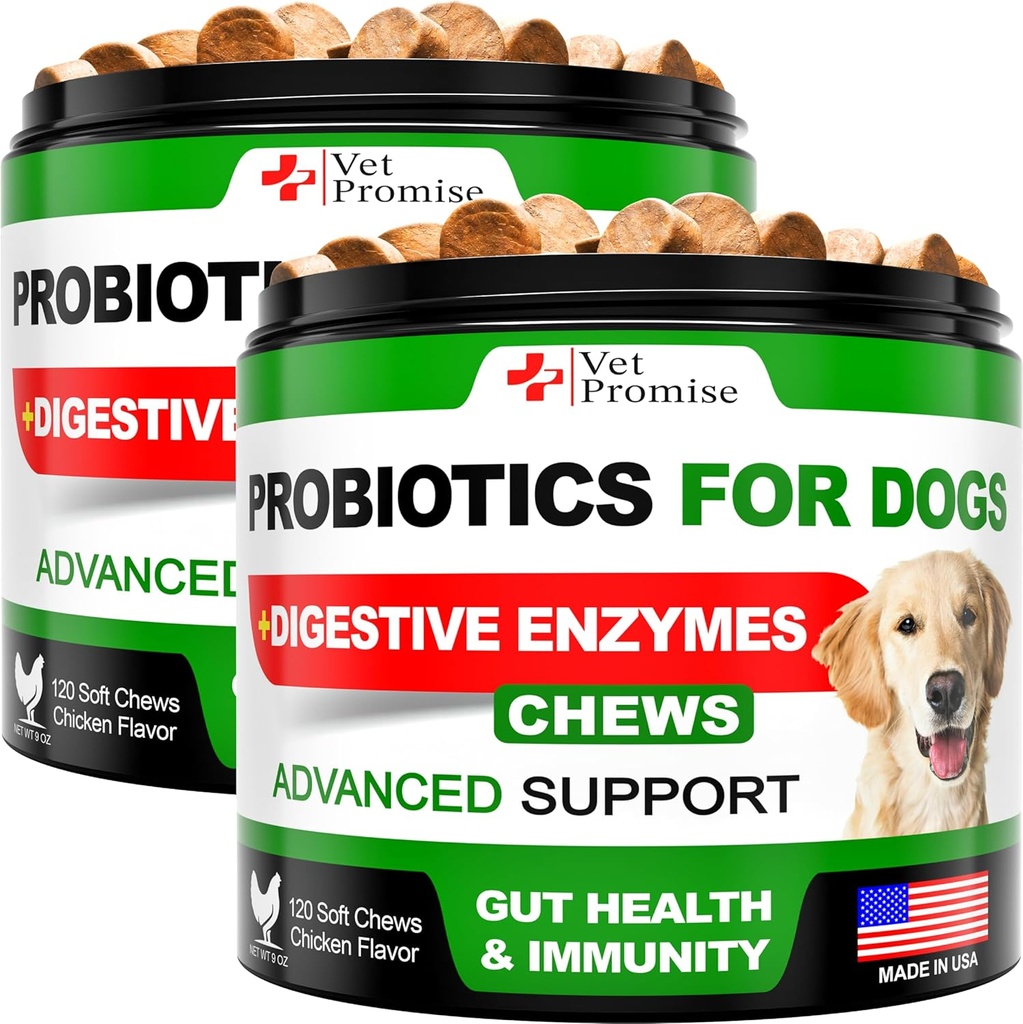 (2 Pack) Probiotiques pour chiens - Probiotiques pour chiens et enzymes digestives pour la santé des intestins, la peau démangeaison, les allergies, l'immunité, l'équilibre des levures - Prébiotiques - Réduire la diarrhée, le gaz - 240 Probiotiques Chews pour chiens