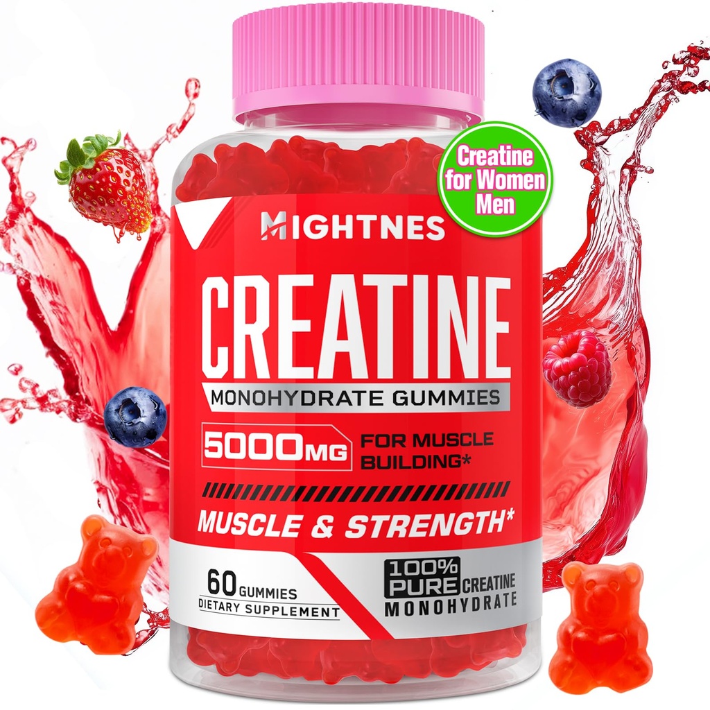 Gommies monohydratées en créatine pour hommes et femmes - Gommies pré-entraînement en créatine avec Taurine et vitamine B6 B12 pour la force maximale, le muscle, l'énergie, l'endurance et le focus, biologique, Vegan-60 Comte