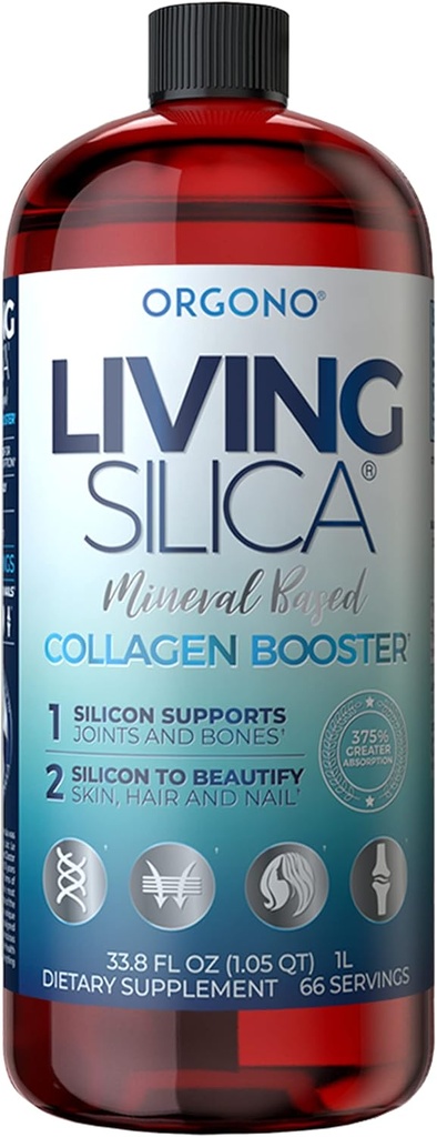 Orgono Living Silica Collagen Booster (en anglais seulement) Vegan Mineral-Based Silica Supplement (en anglais seulement) soutient la production de collagène et d'élastine en bonne santé pour le soutien des articulations et des os, la peau glossante, les cheveux forts et les ongles.