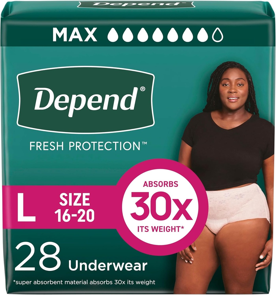 Depend Fresh Protection Couches adultes, Incontinence & Postpartum Bladder Sous-vêtements pour femmes, jetable, maximum, grand, Blush, 28 Compte, Emballage Mai Varier