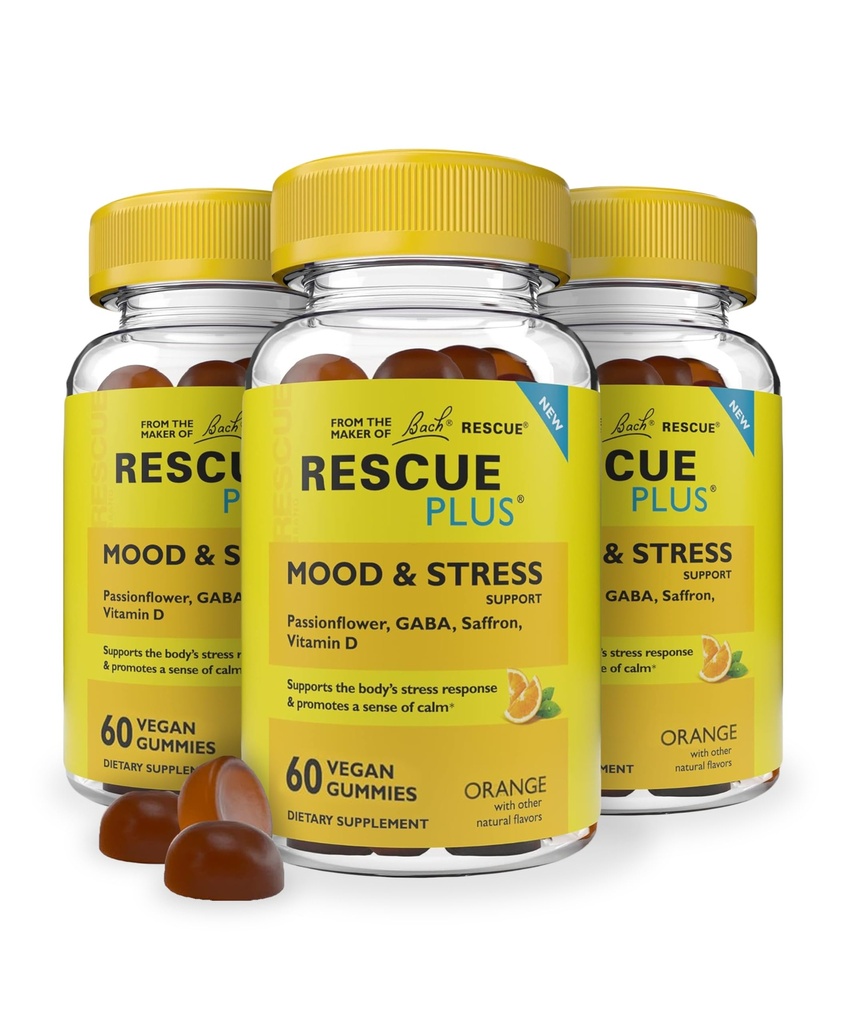 RESCUE Bach Plus Mood & Stress Support Gummies, Supplément diététique de jour avec Passionflower, GABA, Safran & Vitamine D, Arôme Orange Naturel, Vegan & Sans gluten, 3 Pack, 180 Compte Total