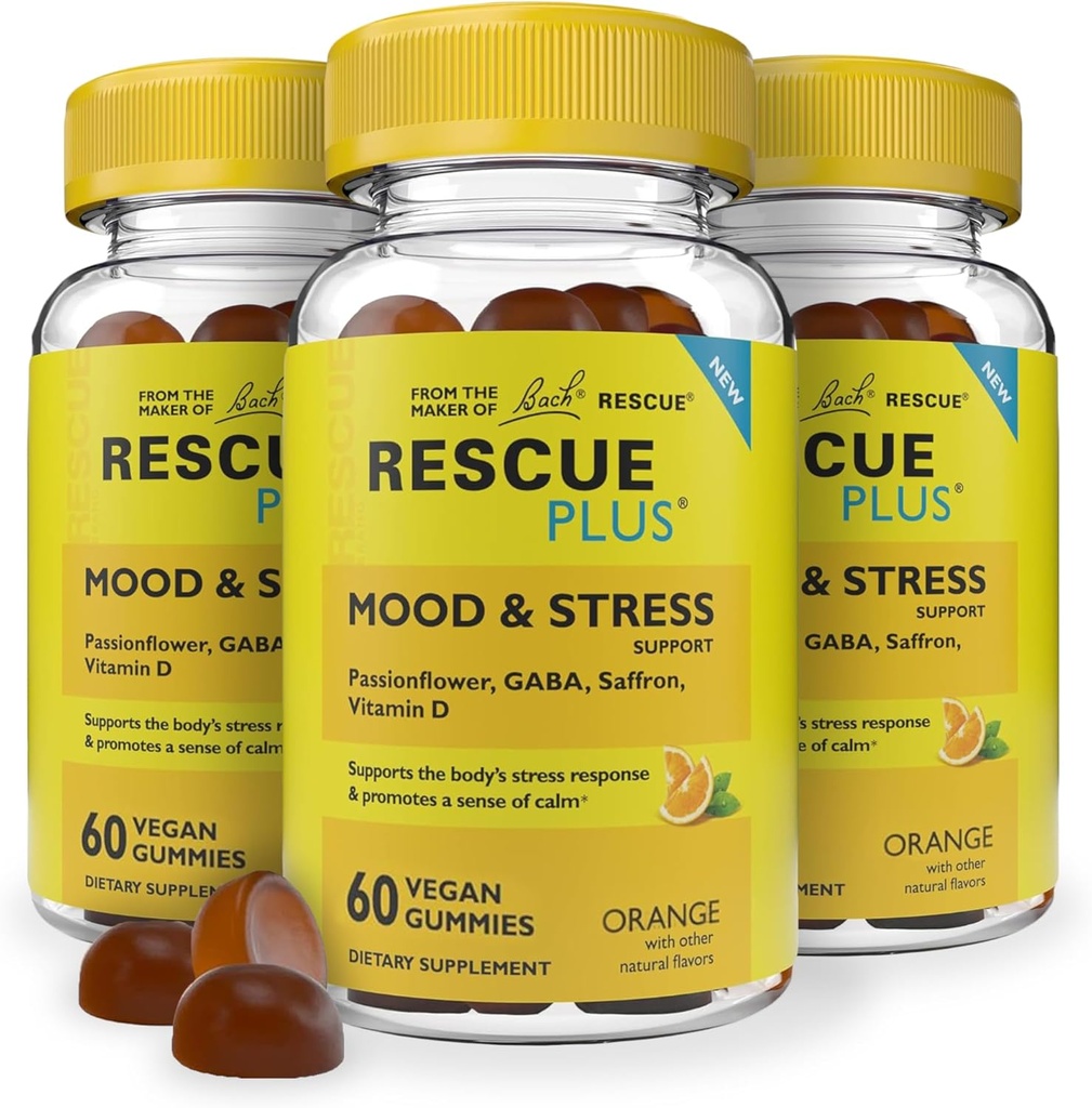RESCUE Bach Plus Mood & Stress Support Gummies, Supplément diététique de jour avec Passionflower, GABA, Safran & Vitamine D, Arôme Orange Naturel, Vegan & Sans gluten, 3 Pack, 180 Compte Total