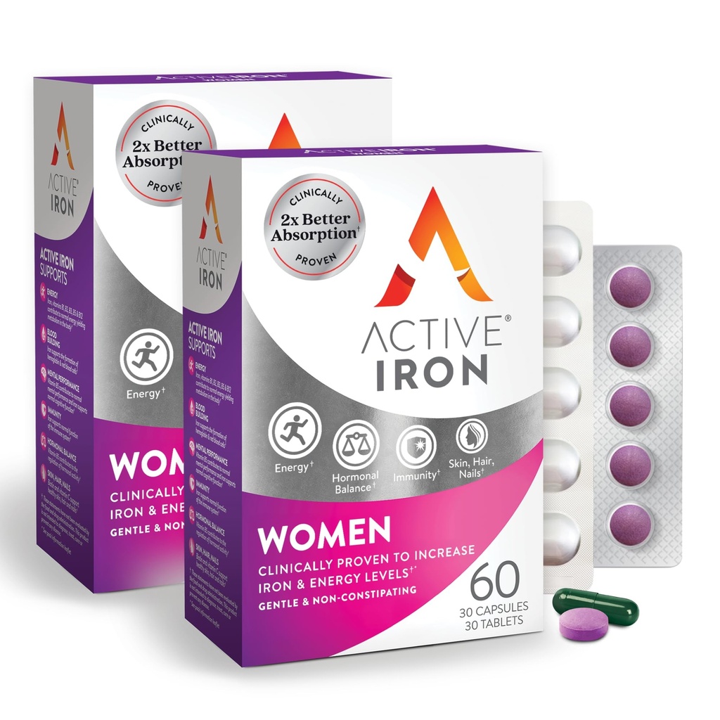 Active Iron Supplement 25mg + Multivitamin for Women, Clinically Proven to Increase Iron & Energy Levels, Maximum Absorption, Gentle, Non-Constipating, 60 Capsules + 60 Tablets in On-the-Go Foil Packs