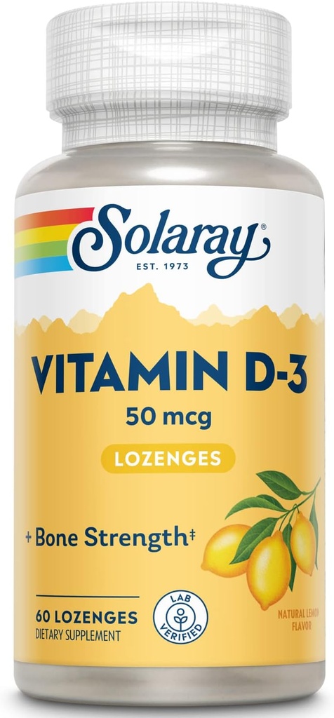SOLARAY Vitamine D3 Lozenges 50mcg - 2000IU D3 Vitamine - Bons forts, soutien musculaire et immunitaire - Saveur de citron naturelle - Garantie de 60 jours de laboratoire vérifiée - 60 portions, 60 Lozenges
