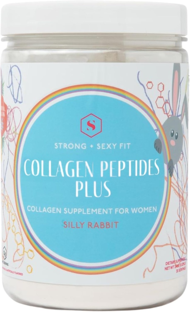 Strong + Sexy Fit Collagen Peptides Plus poudre avec acide hyaluronique et vitamine C, les cheveux des femmes, la peau, les ongles et le supplément de soutien articulaire, herbe Fed Bovin Collagène, lapin silly, 20-40 SVG