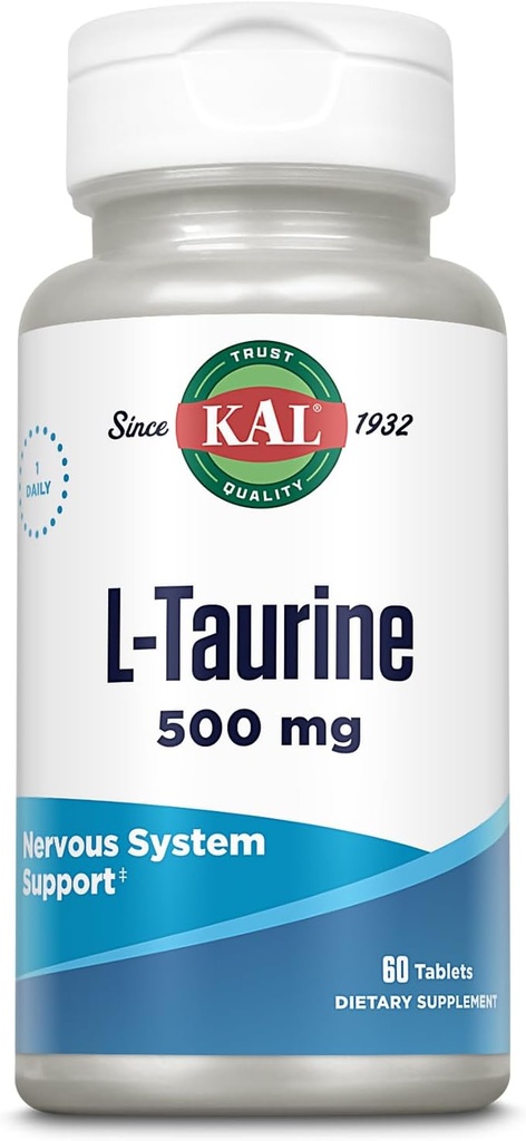 KAL L Taurine 500mg, supplément aux acides aminés, santé du système nerveux, santé cardiaque et détox support, supplément préentraînement, désintégration rapide Tabs actifs, garantie de 60 jours, 60 portions, 60 comprimés