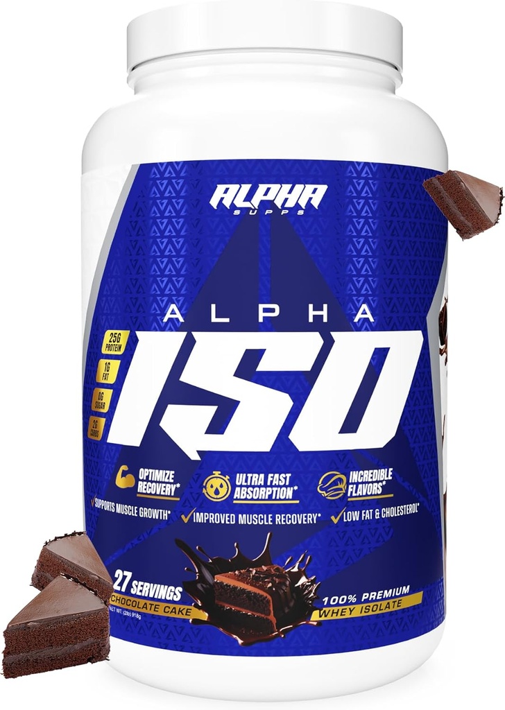 Alpha Suppose ISO, Low Carb 100% Whey Protein Isolate Powder, 25 grammes par portion, aide à soutenir la croissance musculaire, faible sucre et sans gluten (Cake chocolat, 2 lb)
