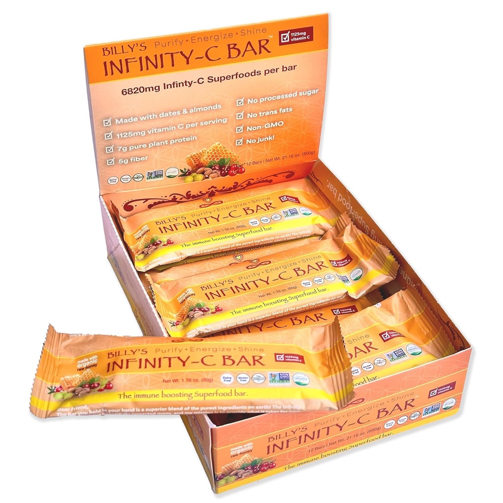 Infinity C Superfood Bars, Barres d'énergie saine avec 1125 mg de vitamine C, ingrédients à base de plantes pour stimuler l'Immune, Camu Camu, Acerola, poudre Amla, et Shilajit, cru, sans gluten, non OGM