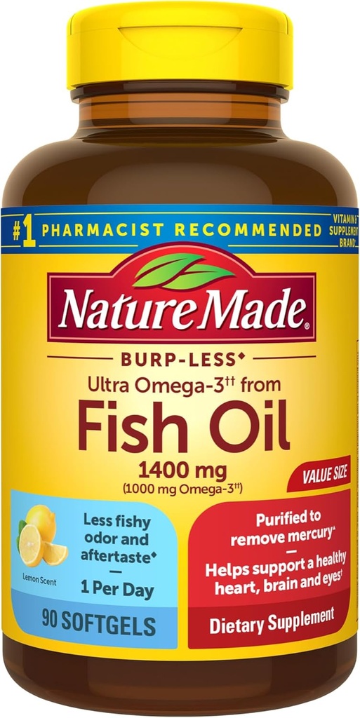 Nature faite Burp moins Ultra Omega 3 Suppléments à l'huile de poisson, 1400mg Huile de poisson Omega 3 Suppléments comme Esters d'éthyle pour le coeur sain Eyes du cerveau soutien, un par jour, 90 Softgels