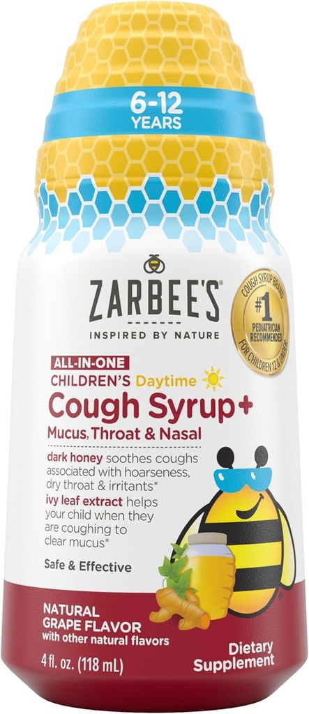 Zarbee's Children's Daytime All-in-One Honey Cough Syrup + Mucus, Throat & Nasal for Kids 6-12 + Dark Honey, Ivy Leaf Extract, Zinc Turmeric Root, & B-Vitamins, Drug-Free, Grape, 4 fl oz