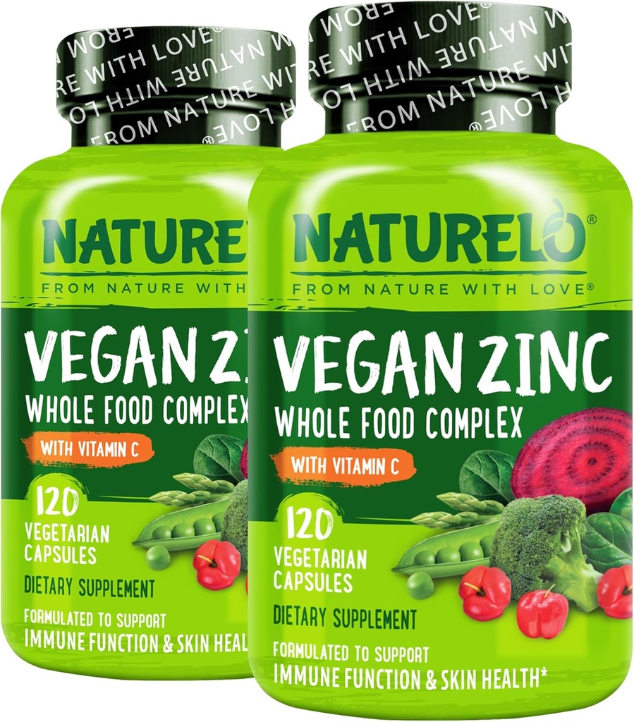 NATURELO Vegan Zinc Immune Support Capsules - Complexe alimentaire entier avec vitamine C pour la peau, les cheveux et les ongles sains - 120 Capsules (Pack of 2)