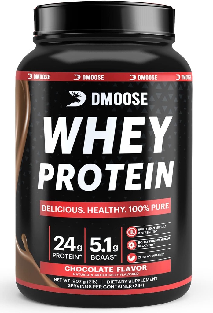 DMoose Whey Protéines Poudre I 24 g Protéines I 130 Calories I 5.1 g BCAAs I Protéines naturelles Poudre pour le gain musculaire Chocolat/arôme de vanille I 2 livres I 28 portions