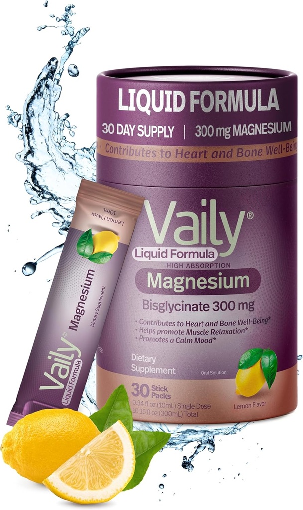 Supplément de magnésium liquide Vaily® 300 mg - Amélioration de l'absorption, du coeur et de la santé des os - Aide à calmer le sommeil - Bisglycinate de magnésium liquide pour les adultes - Saveur de citron,30PK
