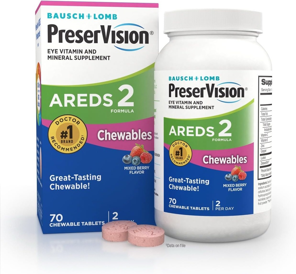 PreserVision AREDS 2 Vitamines oculaires, #1 Eye Doctor Marque recommandée, Lutéine à croquer et supplément de zéaxanthine avec vitamine C, vitamine E, zinc et cuivre, Berry mélangé, 70 comprimés