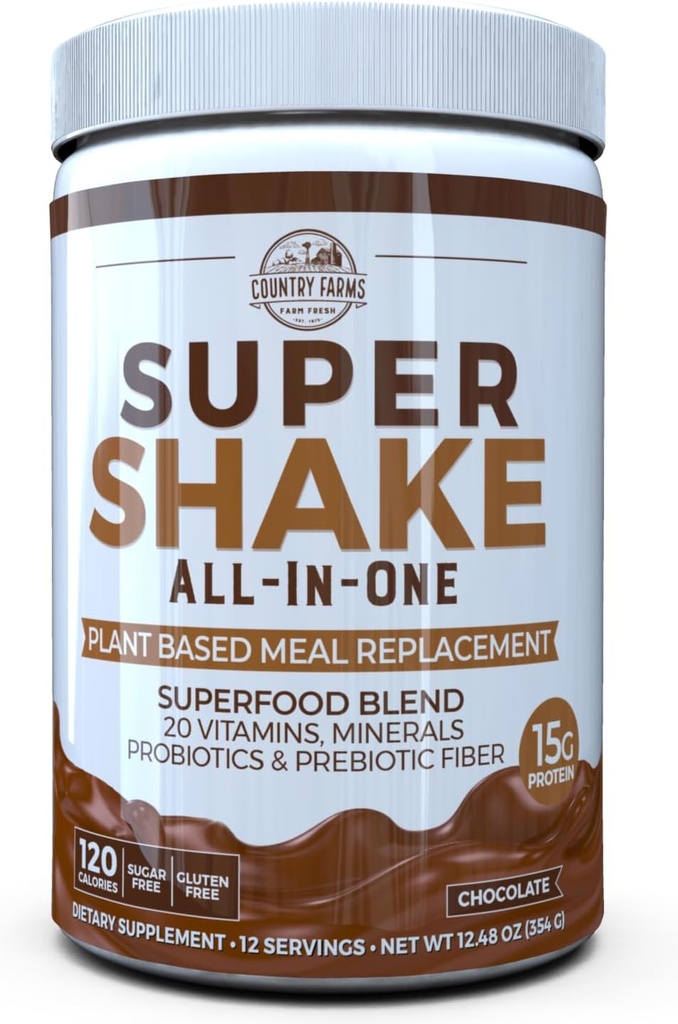 Country Farms All-in-One Super Shake Meal Replacement 15g Plant Protein Dietary Supplement with Superfoods, Vitamins, Probiotics and Prebiotics, 12 Servings, Chocolate, 12.48 Oz