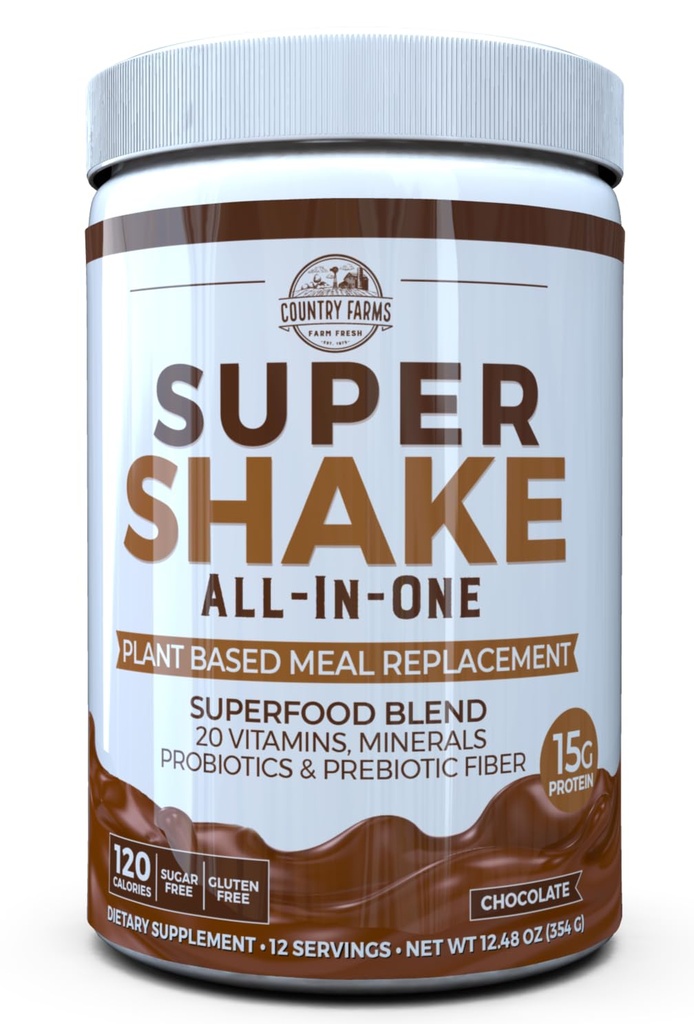 Country Farms All-in-One Super Shake repas de remplacement 15g Protéines végétales supplément alimentaire avec superaliments, vitamines, probiotiques et prébiotiques, 12 portions, chocolat, 12,48 Oz