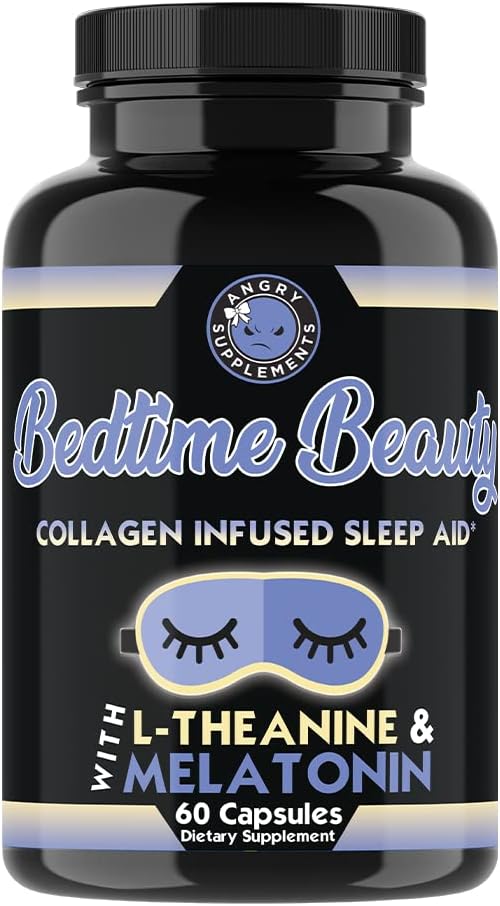 Bedtime Beauty, Collagen Infused Twilight Night Time Sleep Aid, All Natural Pills w. L-Theanine, Melatonin, Magnesium & Hyaluronic Acid Natural Sleepy Girl Mocktail, 60 Capsules, 30 Serv