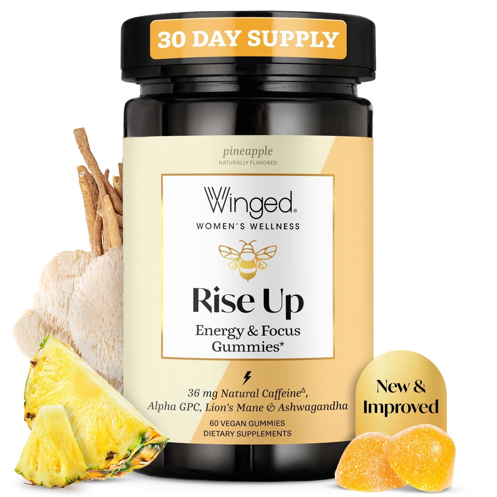Winged Wellness Rise Up, Energy & Focus Gummies for Women - Daily Brain Boost Gummy Supplement with Natural Caffeine, Ashwagandha, B12, Nootropics Alpha-GPC & Lion’s Mane - Pineapple, 60 Gummies