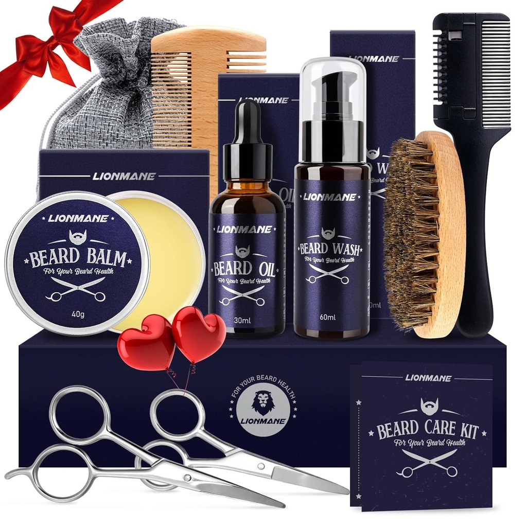 Lionmane Beard Care Cadeaux de Noël Kit pour les hommes, Mousquetons de moustache Kit-Baume de barbe, Laver les barbes, Huile de barbe, Brosse, Ciseaux, Cadeaux d'action de grâce anniversaire pour mari/Boyfriend/Papa/Him