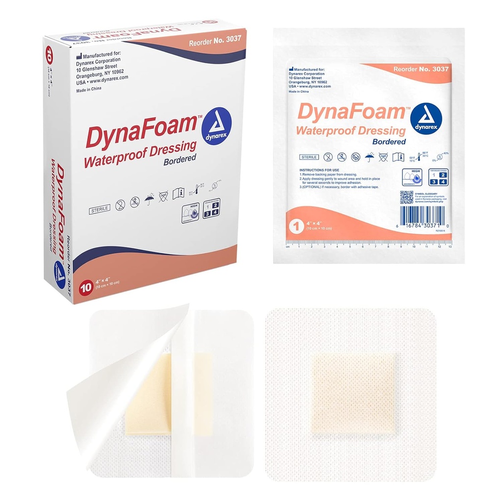 Dynarex Dynafoam Waterproof Bordered Adhesive Foam Wound Dressing Bandage, 4" x 4", 10 Count