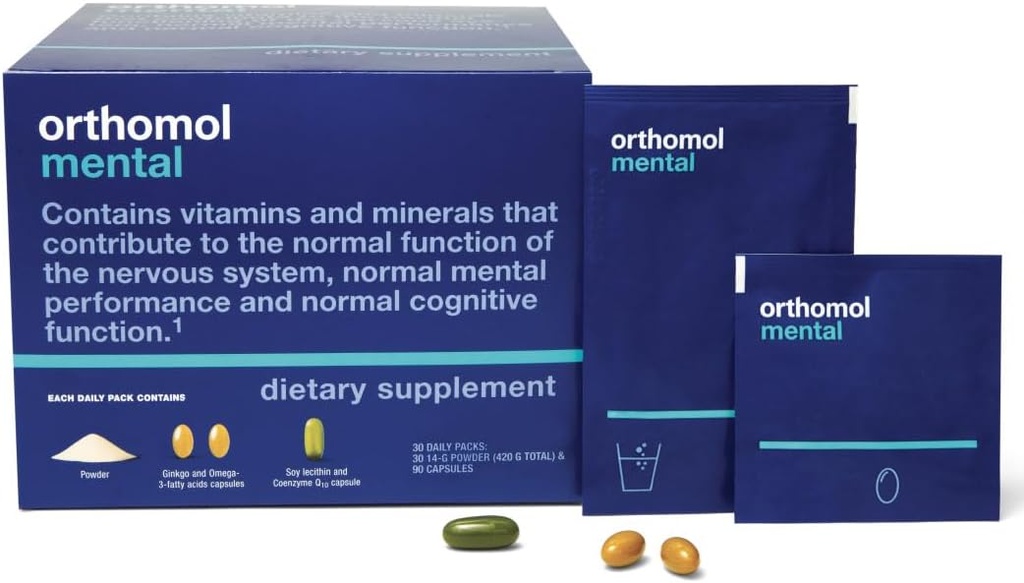 Orthomol Mental, 30 jours d'approvisionnement, supplément de soutien cognitif premium avec éléments nutritifs essentiels du cerveau pour une meilleure concentration et énergie