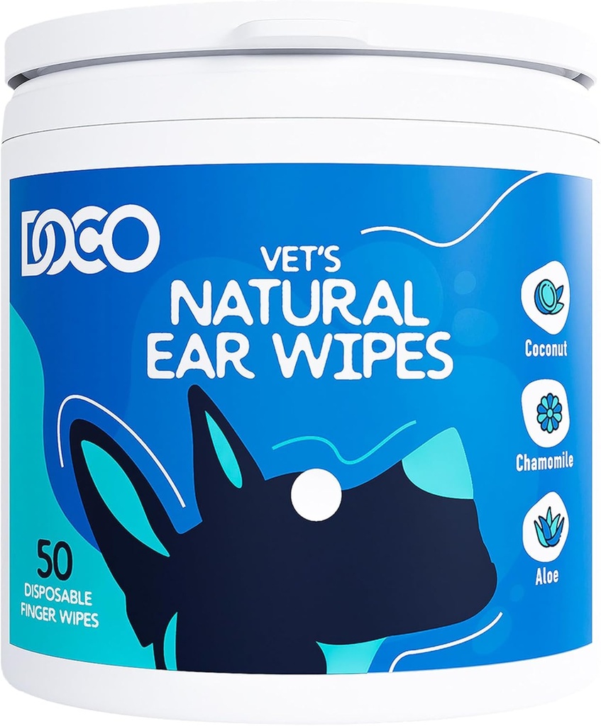 DOCO Nettoyeur d'oreille de chien Wipes Kit de nettoyage des doigts pour chiens et chats Eucalyptus, Camomille et Aloe Nettoyeur d'oreille de chat apaisant, désodorisant et aidant les oreilles démangeaisons (50 comte)